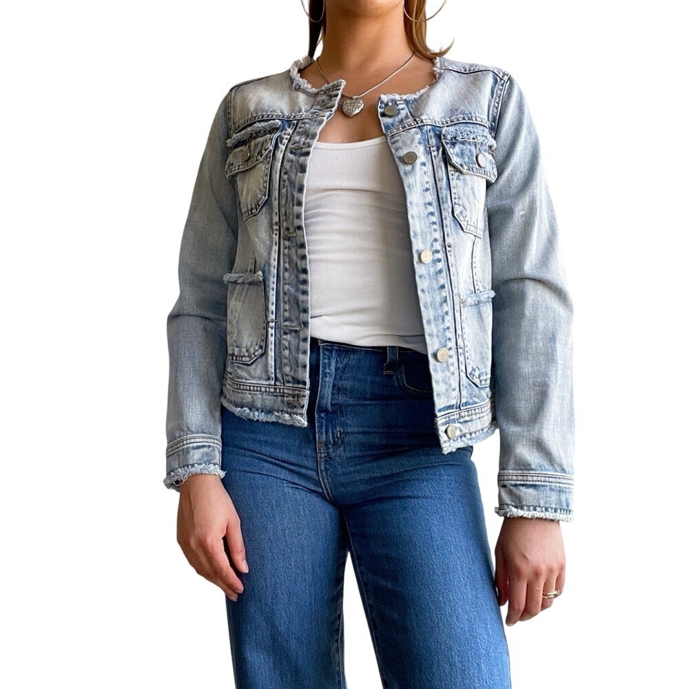 Wit & Wisdom Boho Grunge 90s Retro Raw Hem Acid Wash Denim Jacket